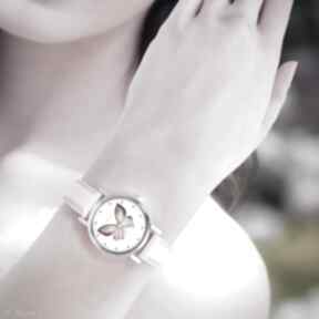 mały, pudrowy róż zegarki yenoo zegarek, skórzany pasek, motyl, dla niej, mamy