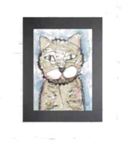 Bajkowy rysunek z kotem, kot obraz do dziecięcego pokoju, tygrysek dla dzieci, akwarela pokoik