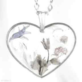 Srebrny naszyjnik z prawdziwymi kwiatami łąkowe serce naturofanka, łąka, kwiaty, kwiatowa