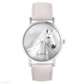 Zegarek - biały koń pudrowy róż, skórzany zegarki yenoo, pasek, romantyczny