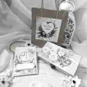 Zestaw prezentowy na ślub: pudełko, karteczka personalizowana, torebka justyna art decoupage