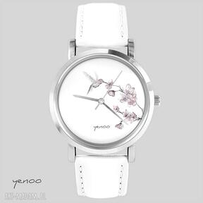 Zegarek, bransoletka - koliber biały, skórzany zegarki yenoo, grafika, prezent