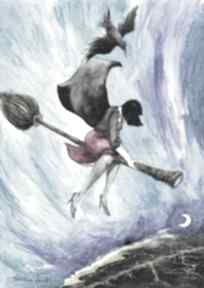 "stratosfera" akwarela artystki plastyka adriany laube - obraz na papierze A3 art wiedźma, kruk