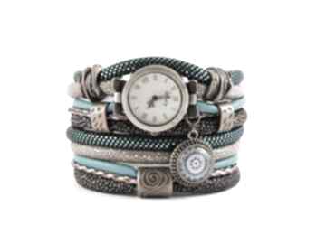 Zegarek - bransoletka w kolorach morskim i beżowym zegarki megi mikos, damski, szeroki