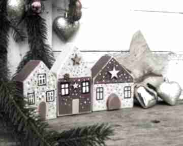 Pomysł na upominki? 3 domki bordowo waniliowe, drewniane ozdoby świąteczne dekoracje galeria