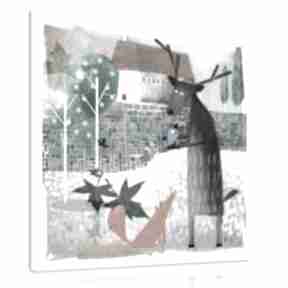 Obraz na płótnie - 40x40cm lisek, jeleń i ptak wysyłka w 24h 0611 pokoik dziecka ludesign