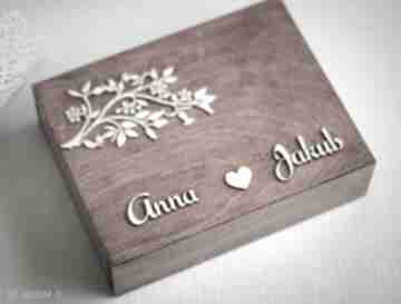 Pudełko eko - obrączki drewno rustykalne koronka ślub
