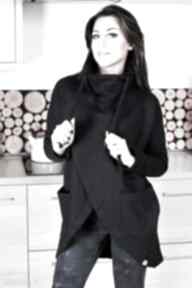 Modna damska czarna asymetryczna bluza kominem sznurkami długa