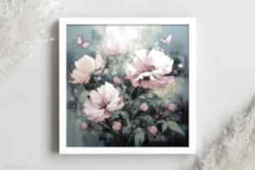 Granatowy obraz kwiaty i motyle - wydruk artystyczny 50x50 cm plakat z piwoniami annsayuri art