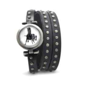 Bransoletka, zegarek - czarny koń, nity, skórzany zegarki lili arts, modny, prezent
