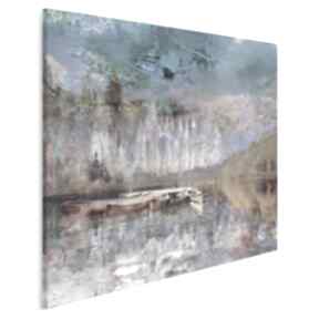 Obraz na płótnie - pejzaż góry w kwadracie 80x80 cm 30704 vaku dsgn, krajobraz, łódź, las