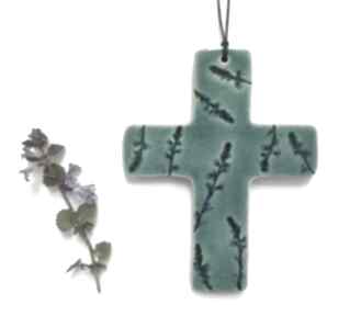 Krzyżyk z roślinkami w turkusie dekoracje ceramika ana