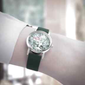 mały flaming, tropikalny, zielony zegarki yenoo zegarek, silikonowy pasek, styl, dla niej