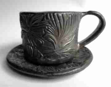 Filiżanka i talerzyk "złoto - ceramika eva art rękodzieło, do kawy, z gliny, użytkowa, pomysł