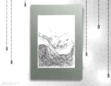 Rysunek z pejzażem górskim, biało czarny szkic górami, góry obrazek, skandynawski do domu