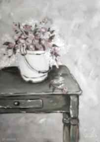 Obraz dom prowansalski 19x27 cm grot aga róże, kwiaty, olejny, prezent na dzień kobiet, salon