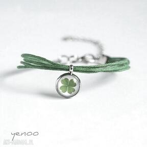 Bransoletka - koniczynka sznureczki, zielona yenoo, rzemienie, szczęście, prezent