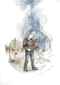 "opowieść ulicznego skrzypka" akwarela artystki muzyka, skrzypce, magia adriana laube