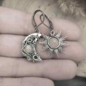Asymetryczne i kamień słoneczny wire agata rozanska kolczyki, słońce, księżyc, biżuteria