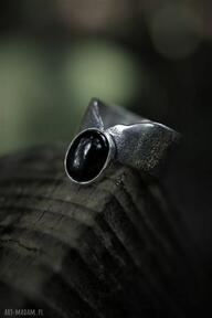 Pierścień z diopsydem dziki królik pierścionek z srebrny, z minerałem, diopsyd, czarny minerał