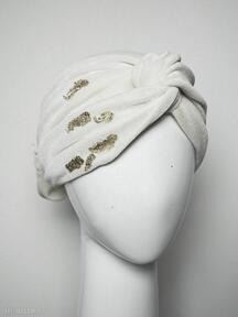 welurowa ślub fascynatory opaska, turban, złoto, ecru, ivory, welur