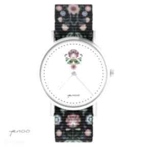 folk czarny, zegarki yenoo zegarek, bransoletka, folkowy, kwiat, nato, prezent