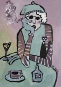 Obraz ręcznie malowany babcia z papierosem i kotem carmenlotsu do salonu, obrazy na zamówienie