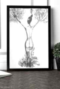 Grafika kobieta body flower A3 art krystyna siwek nowoczesne, czarno białe, akt, do sypialni