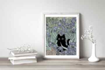 Plakat czarny kot w irysach van gogh'a 40x50 - śmieszny z kotem prezent dla miłośników kotów