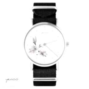 różowa czarny, zegarki yenoo zegarek, bransoletka, nato, lilia, kwiaty, prezent