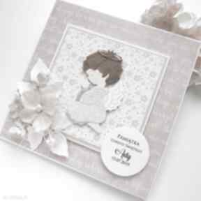 na chrzest, pamiątka - aniołek 4 scrapbooking kartki biala konwalia z życzeniami, chrztu