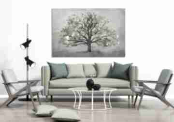 Obraz do salonu drukowany na płótnie z drzewem w odcieniach szarości i turkusów 02591 format
