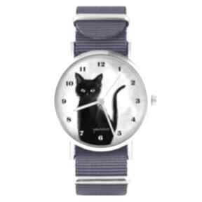 Zegarek - czarny kot, cyfry fioletowy, nylonowy zegarki