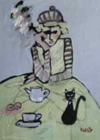 Obraz ręcznie malowany babcia z czarnym kotkiem i papieroskiem carmenlotsu do salonu, obrazy