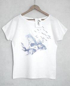 bawełniana biała S m gabriela krawczyk koszulka, t-shirt, bawełna, nadruk, ryby