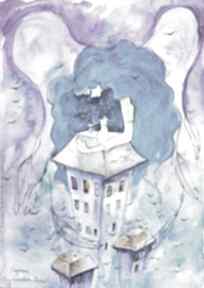"anioł opiekun domu 2" akwarela artystki adriany laube art stróż, i kot, opiekuńczy, malarstwo