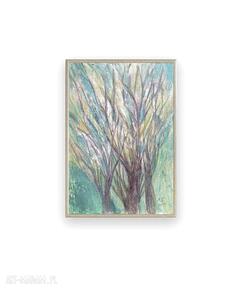 Oprawiony, obrazek w ramce, obraz oryginalny drzewami annasko malowany ręcznie, pejzaż, drzewa
