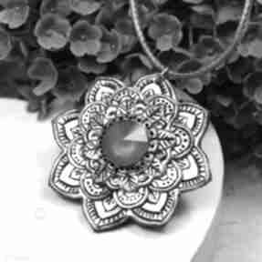 Wisiorek mandala ze srebrnym kryształem wisiorki kameleon, boho, duży, glinka polimerowa