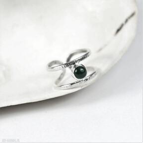 Pierścionek srebrny z naturalnym agatem zielonym - otwarty bellamente geometryczny