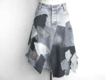 jeans recykling r 46 anita palmer art jeansowa spódnica, midi, patchworkowa denim
