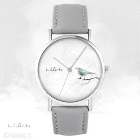 Zegarek - turkusowy ptaszek szary, skórzany zegarki yenoo, bransoletka, unikatowy