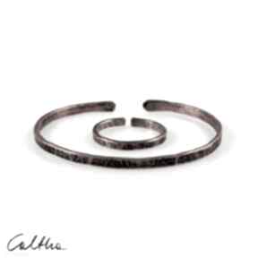 Nieregularne - komplet miedziana bransoletka i obrączka 2000-04 caltha, pierścionek, cienka