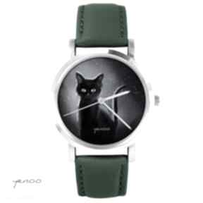 czarny kot, noc skórzany, zielony zegarki yenoo zegarek, bransoletka, unikatowy, prezent