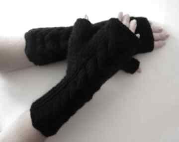 Mitenkiczarne rękawiczki izabelaart1 ciepłe, wełniane, mitenki, warkocz