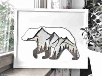 Niedźwiedź śnieżny drewniany geometryczny, przestrzenny w ramie, obraz 3d 50x40cm art grawka