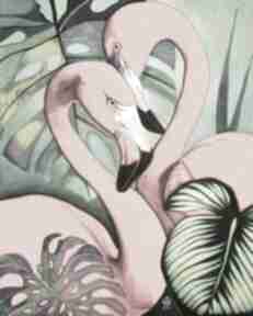 Grafika 50x40 cm plakaty janka zaborowska na prezent, flamingi, ptaki, liście, miłość love