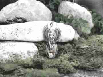 Postarzany wisior bogini bastet z labradorytem egipski kot, sfinks #305 wisiorki metal earth