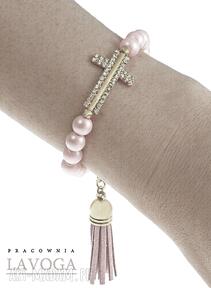 Cross tassel candy pink bransoletka cyrkonie krzyż modna koraliki