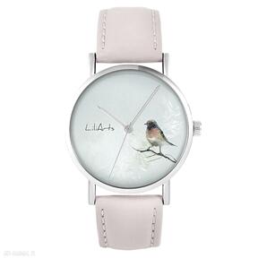 Zegarek - kolorowy ptak pudrowy róż, skórzany zegarki yenoo, pasek, grafika
