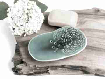 Turkusowa mydelniczka ceramiczna z koronką ceramika tyka, podstawka na mydło, handmade